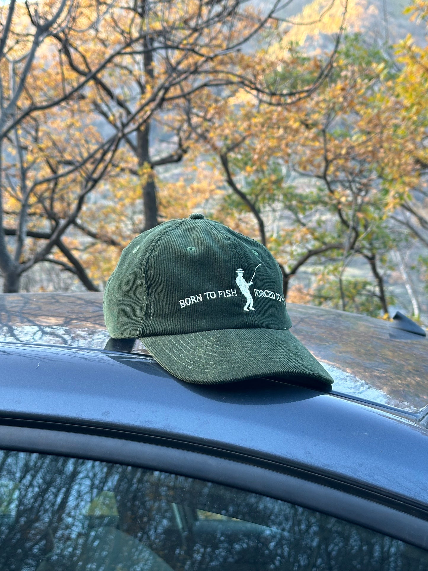 Corduroy Cap - Born To Fish Forced to Work - Olive Green